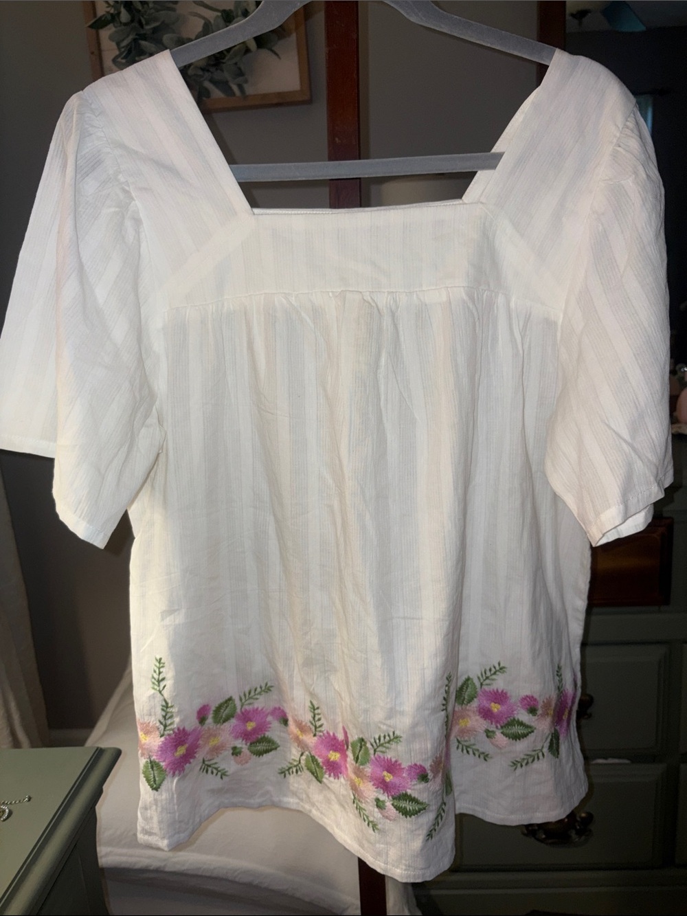 Matilda Jane Cream Square-Neck Blouse with Pink Floral Hem Embroidery